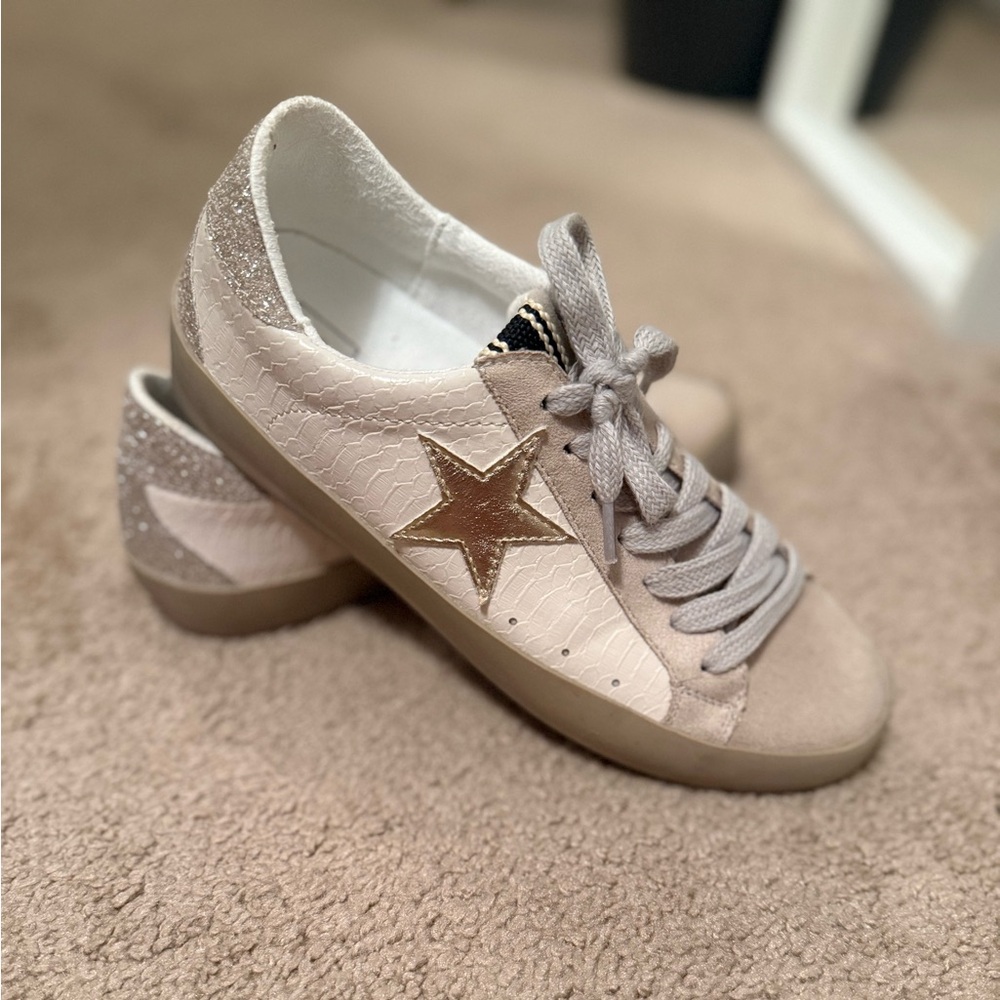 ShuShop Star-Embellished Sneakers in Beige and Gold